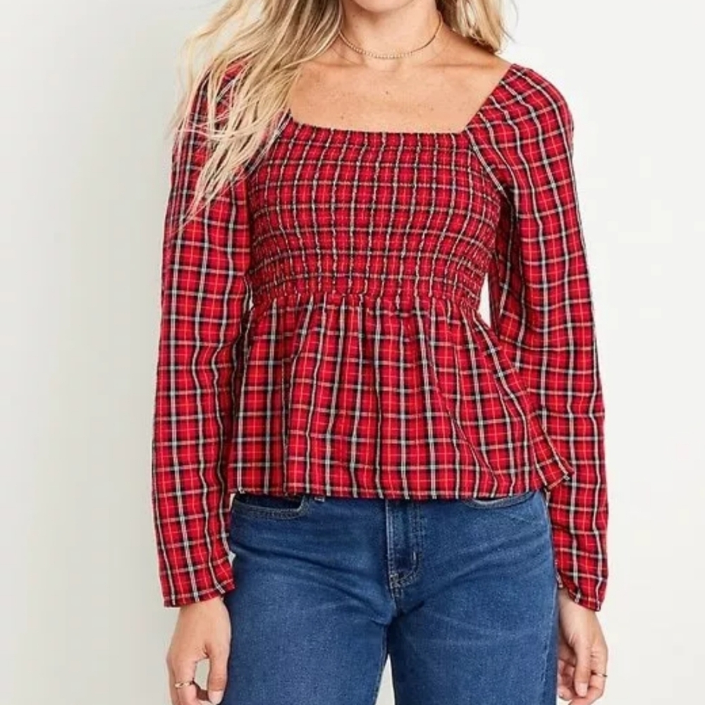OLD NAVY Modal Blend Classic Red Tartan Smocked Seersucker Top L